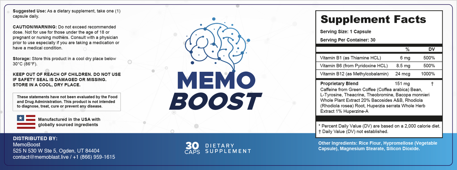 MemoBoost product label - supplement facts